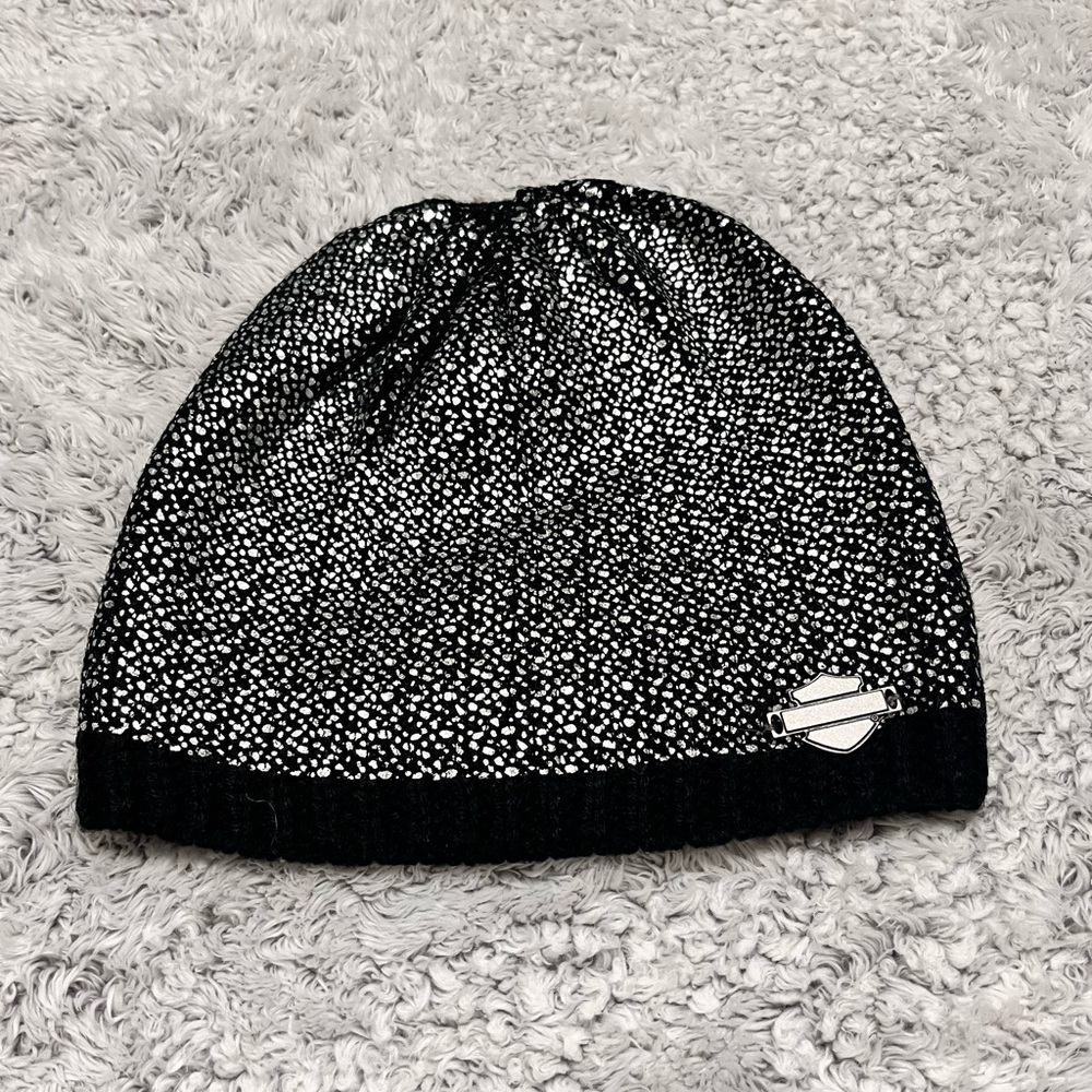 Black Harley Davidson beanie with silver pattern, and sewed on logo.